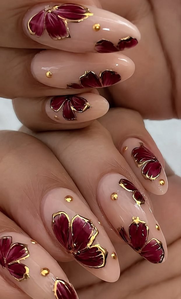 luxury burgundy floral nails ❤️✨ elegant gold detail nail art