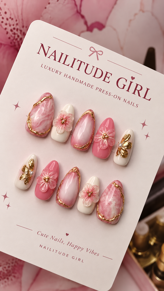 luxury pink marble press on nails