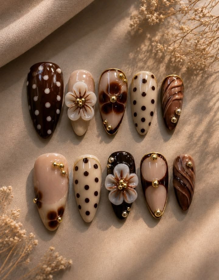 mocha bloom – brown & cream 3d nail art set 🤎🌸